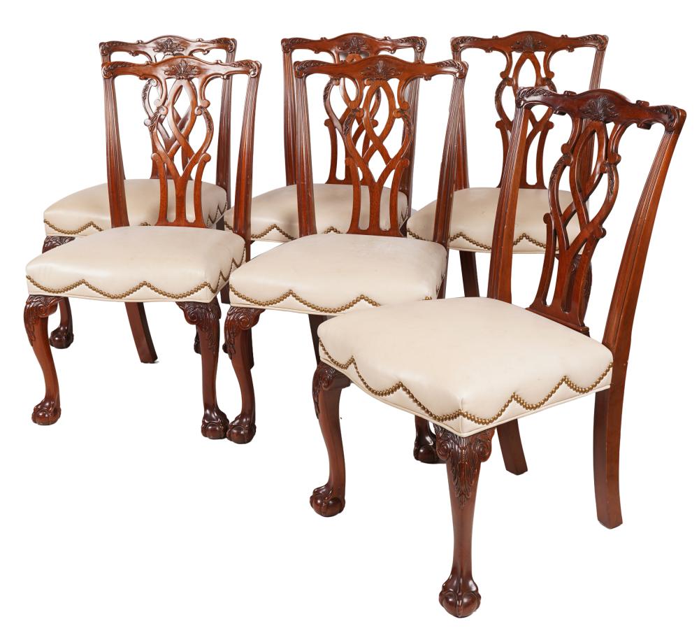 Appraisal: SIX CHIPPENDALE STYLE DINING CHAIRSmahogany with studded leather seats inches