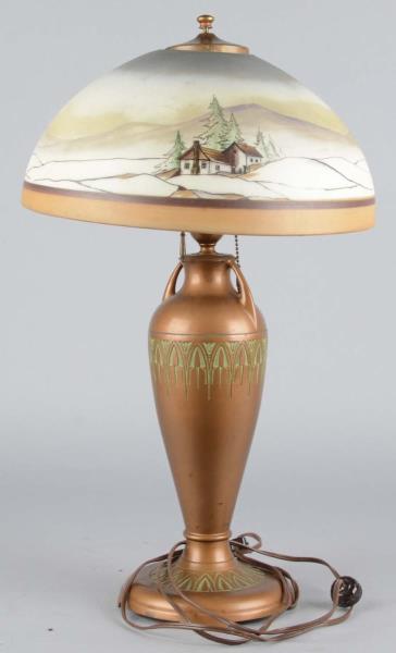 Appraisal: Copper Color Table Lamp With Handpainted Shade This vase like