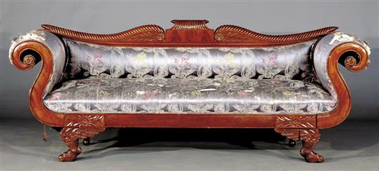 Appraisal: Classical carved mahogany sofa circa gadroon-carved toprail joining scrolling padded