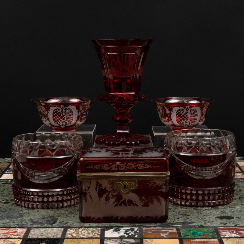 Appraisal: Group of Continental Ruby Overlay Etched Glass Comprising An engraved