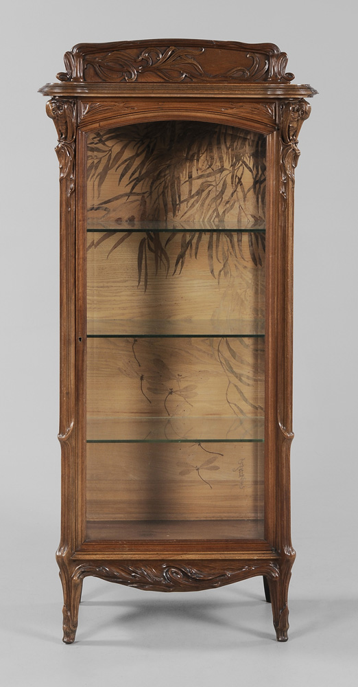 Appraisal: Fine Gall Carved Walnut and Marquetry Display Cabinet walnut with