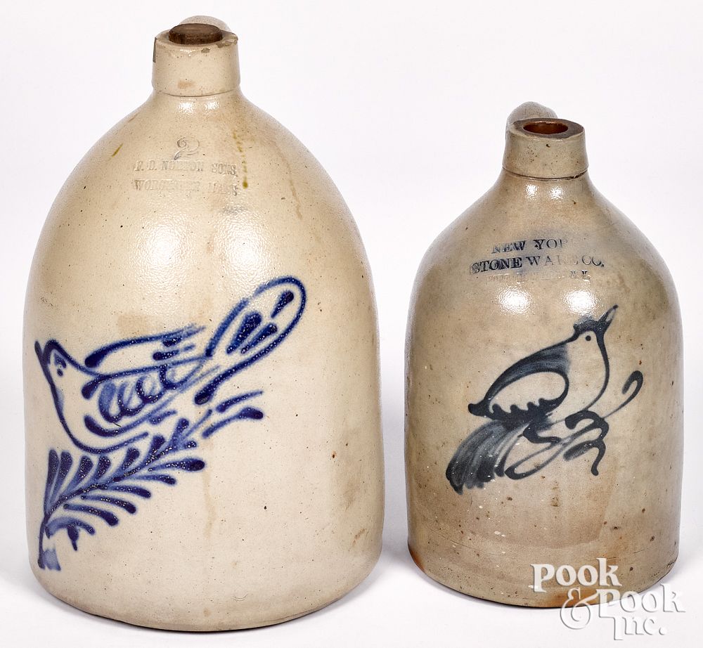 Appraisal: Two cobalt bird decorated stoneware jugs th c Two cobalt