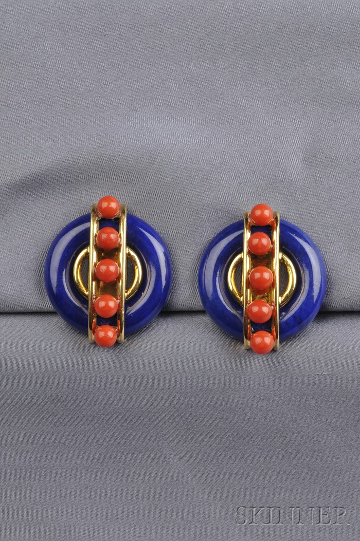 Appraisal: kt Gold Lapis Lazuli and Coral Earclips Aldo Cipullo Cartier