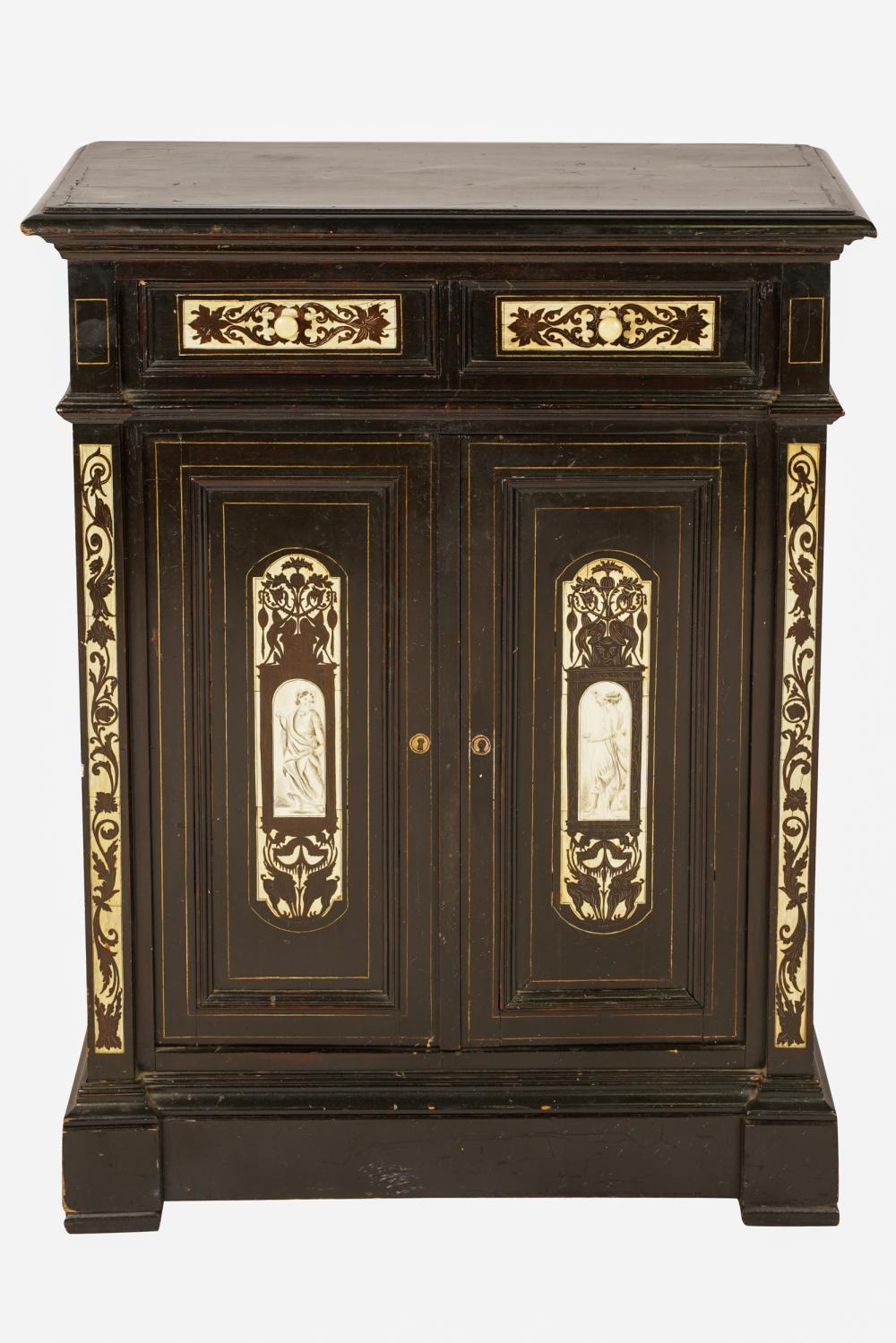 Appraisal: ITALIAN BONE-INLAID EBONIZED WOOD CABINEThaving a rectangular top over two