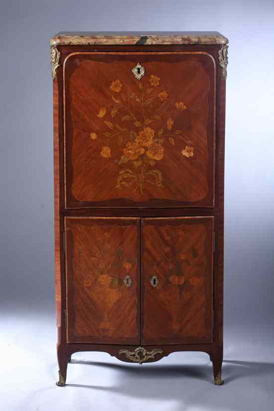 Appraisal: LOUIS XV TULIPWOOD PURPLEWOOD BOIS SATIN FRUITWOOD AND MARQUETRY SECRETAIRE