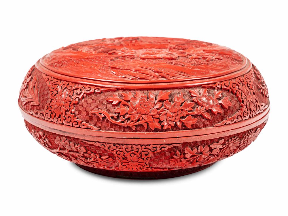 Appraisal: A Chinese Carved Red Lacquer Circular Covered Box A Chinese