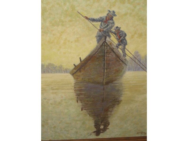 Appraisal: SPRAGUE AMERICAN TH CENTURY Oarsmen in canoe oil on masonite