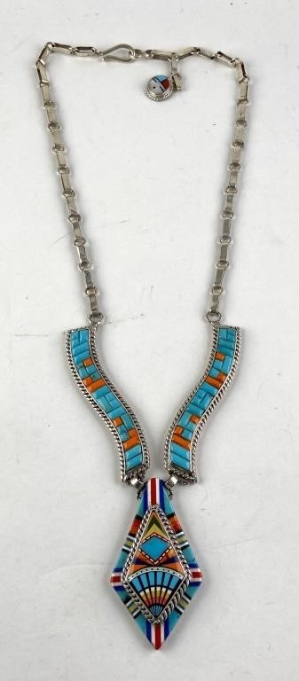 Appraisal: Marked STERLING micro inlay necklace featuring Turquoise multicolored Coral Spiny