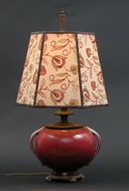 Appraisal: Roseville Orian Lamp with Embroidered Shade Roseville pottery lamp features