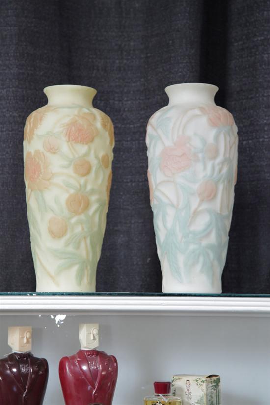 Appraisal: TWO CONSOLIDATED GLASS CHRYSANTHEMUM ART GLASS VASES Both with relief