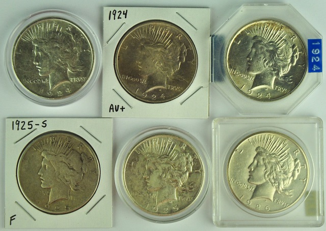 Appraisal: Six Peace DollarsDates are coins -S and in various grades