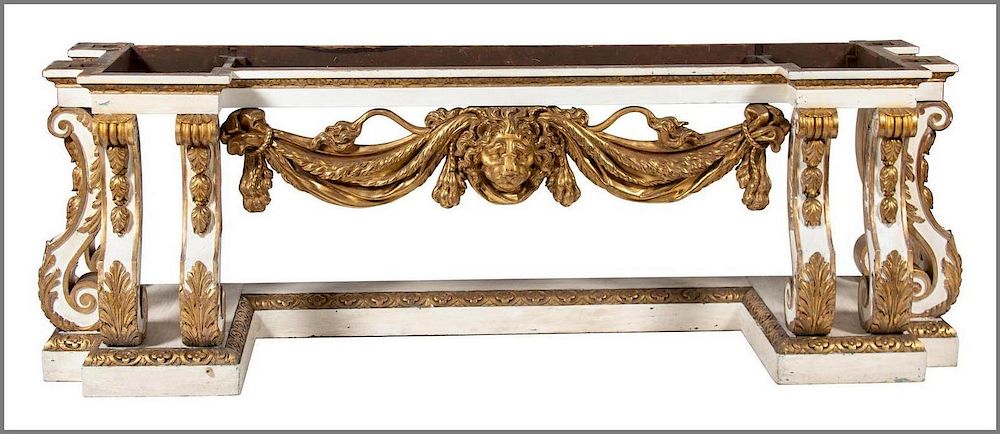 Appraisal: An English Carved Painted and Giltwood Marble Top Console Table