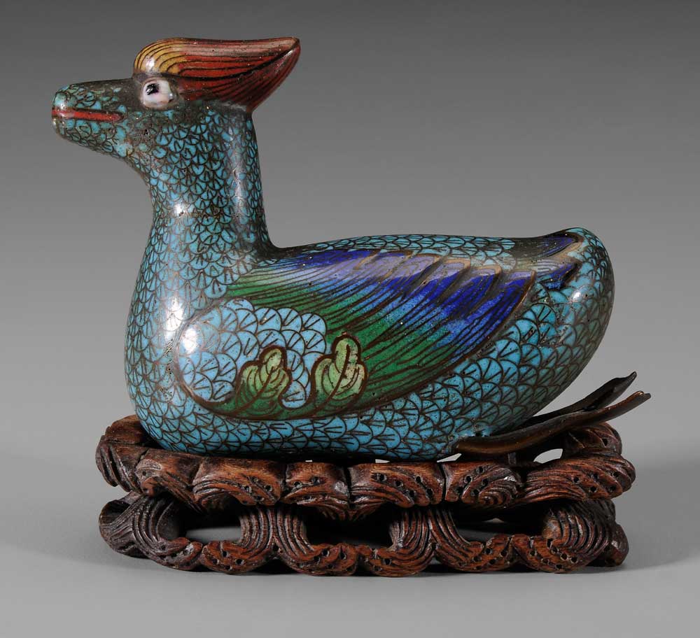 Appraisal: Cloisonn Duck Chinese mandarin duck in swimming position on a