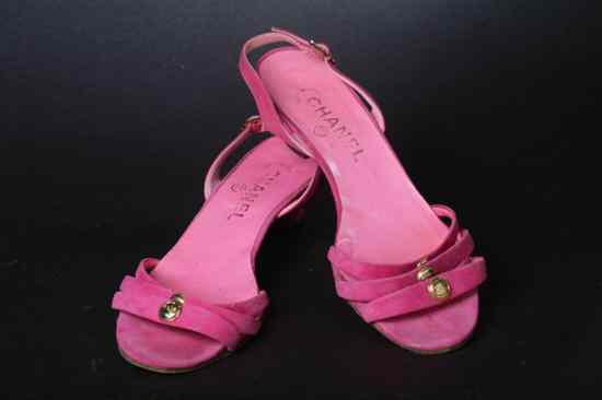 Appraisal: CHANEL PINK SUEDE SANDALS Size With low heel