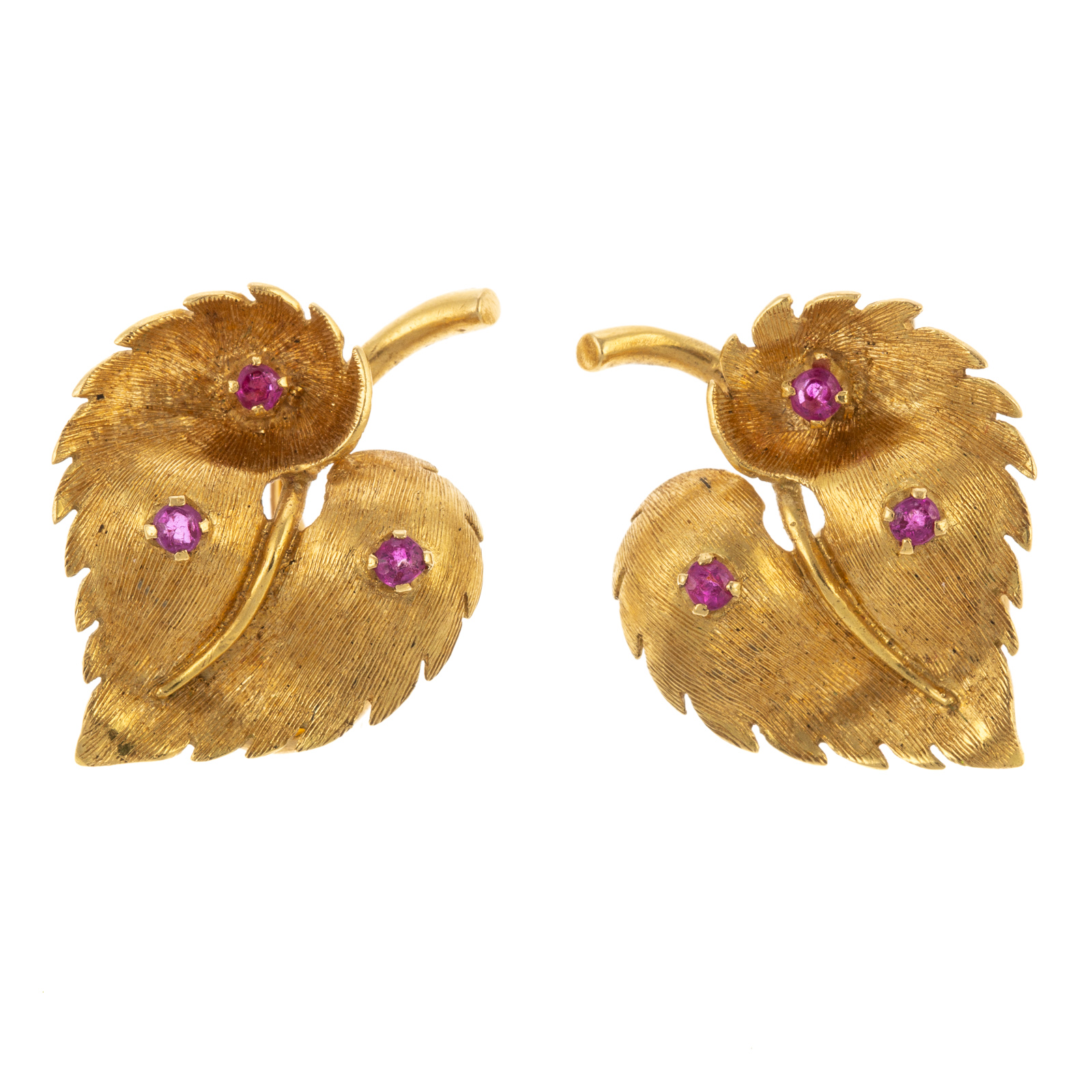 Appraisal: A PAIR OF VINTAGE RUBY LEAF CLIP EARRINGS IN K