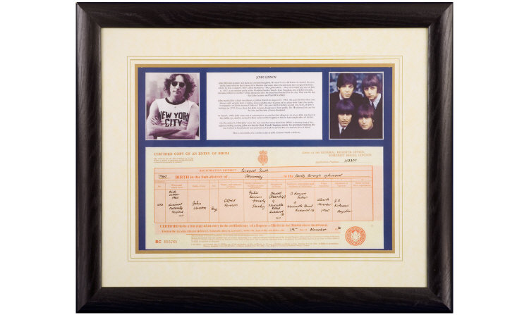 Appraisal: Framed Birth Copy Certificate and Biography of Beatle John Lennon