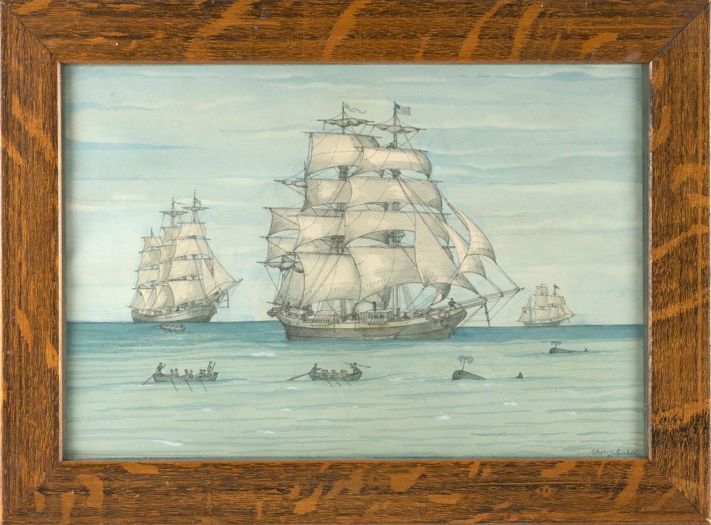 Appraisal: WATERCOLOR OF A WHALING SCENE CONTEMPORARY FRAMED X WATERCOLOR OF