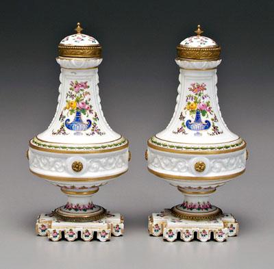 Appraisal: Pair Sevr s lidded urns ormolu mounted fine hand painted