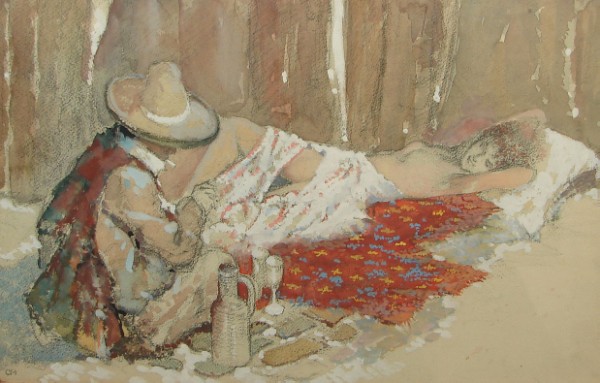 Appraisal: Illustration of a Mexican man and semi-nude girl reclining watercolor