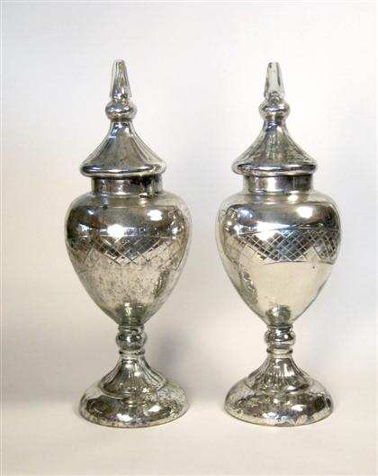 Appraisal: Pair of etched mercury glass covered urns Of baluster form