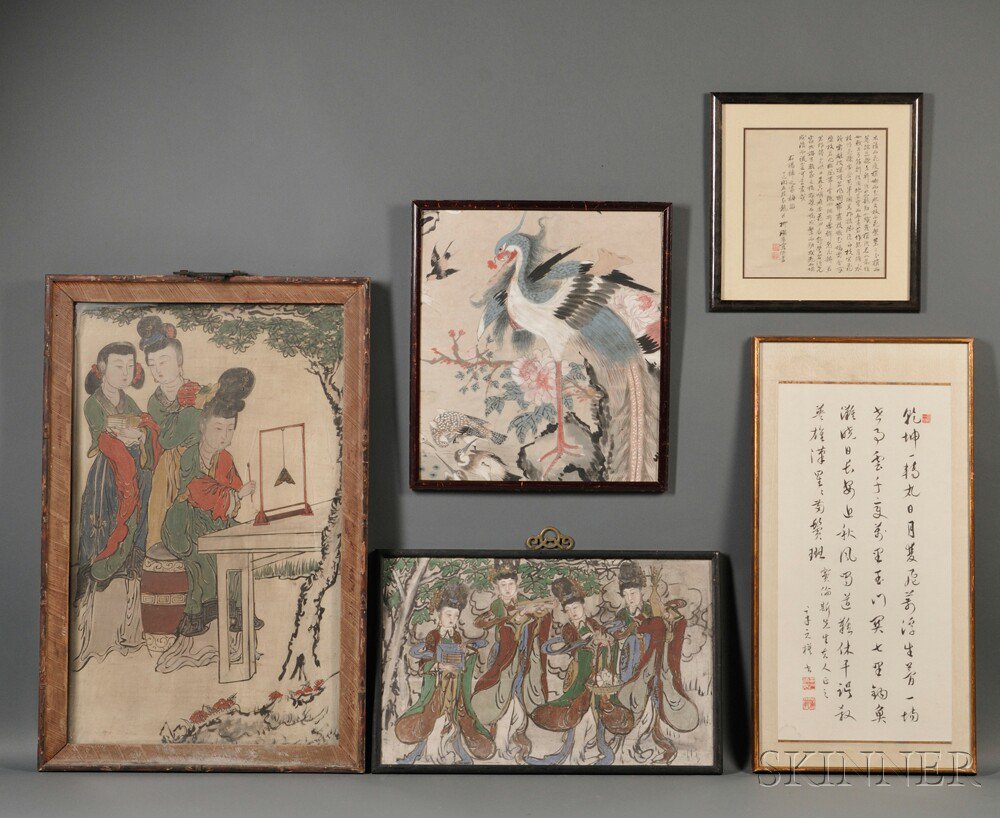 Appraisal: Three Paintings and Two Calligraphies China three women color on