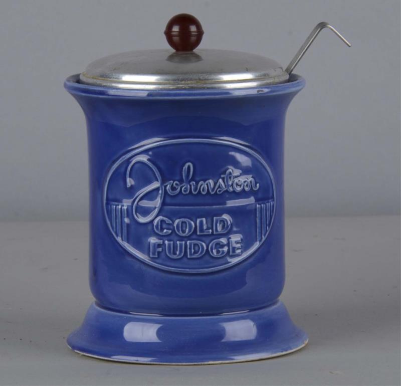 Appraisal: Johnston Cold Fudge Ceramic Crock Blue glazed crock has stainless