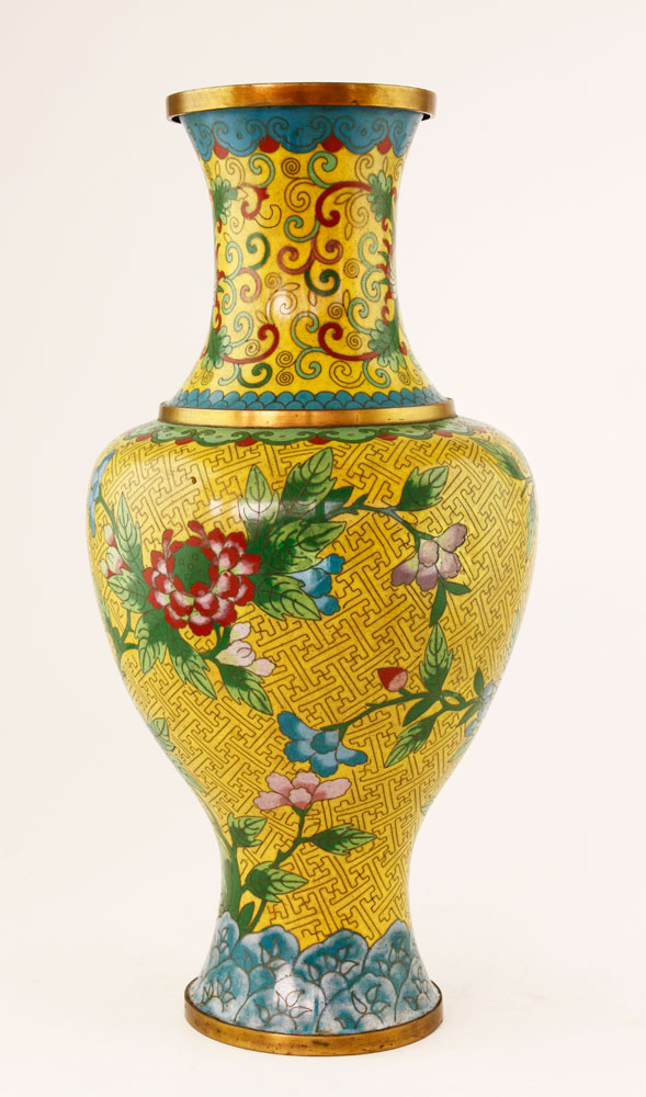 Appraisal: - Chinese Yellow Cloisonn Vase Modern Chinese cloisonn vase yellow