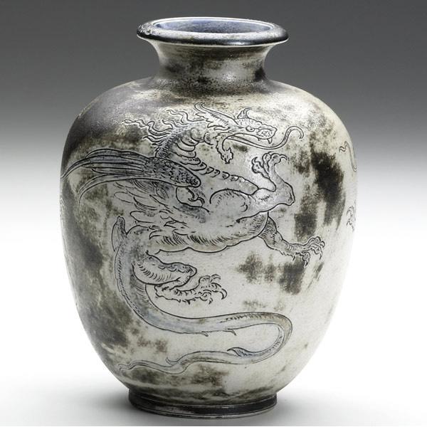 Appraisal: MARTIN BROTHERS Stoneware vase incised with three animated dragons in