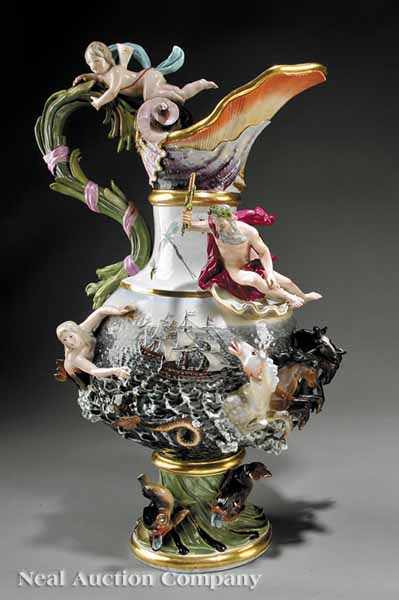 Appraisal: A Large Meissen Polychrome and Gilt-Decorated Porcelain Elements Ewer th