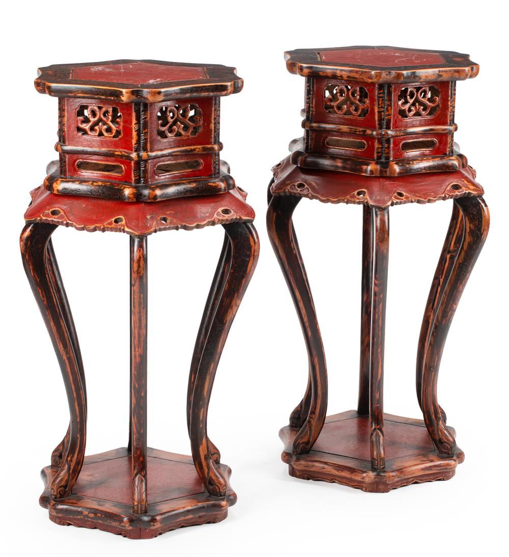 Appraisal: Pair of Chinese Lacquered Wood Pedestals hexagonal top pierced neck