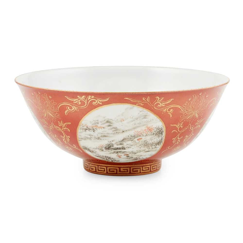 Appraisal: CORAL-GROUND GRISAILLE-PAINTED BOWL QIANGLONG MARK BUT LATER minutely painted on