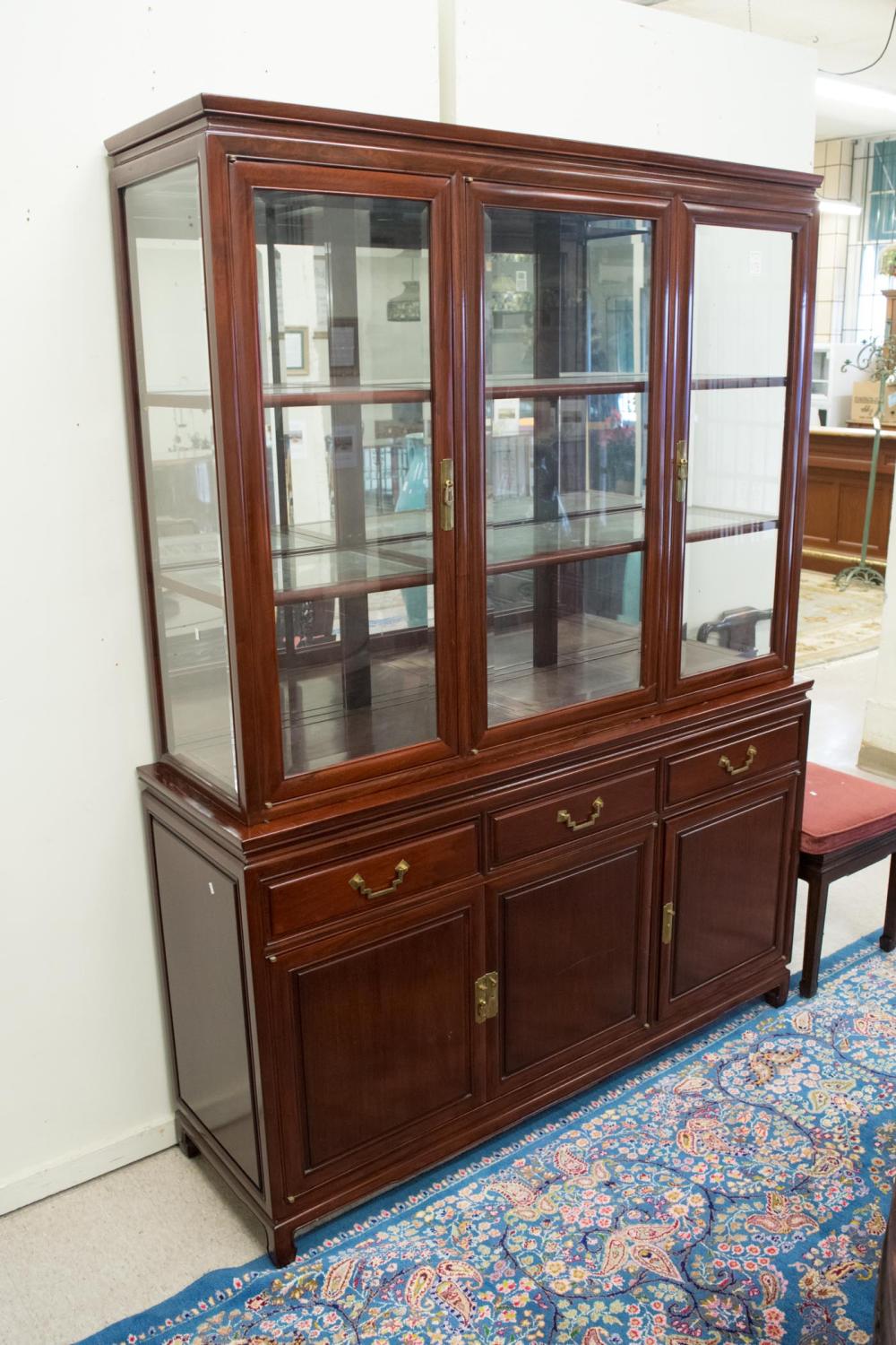 Appraisal: CHINESE ROSEWOOD CHINA CABINET ON BUFFET the upper display cabinet