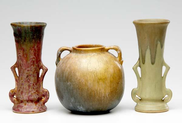 Appraisal: ROSEVILLE Three vases one bulbous Earlam and two Carnelian one