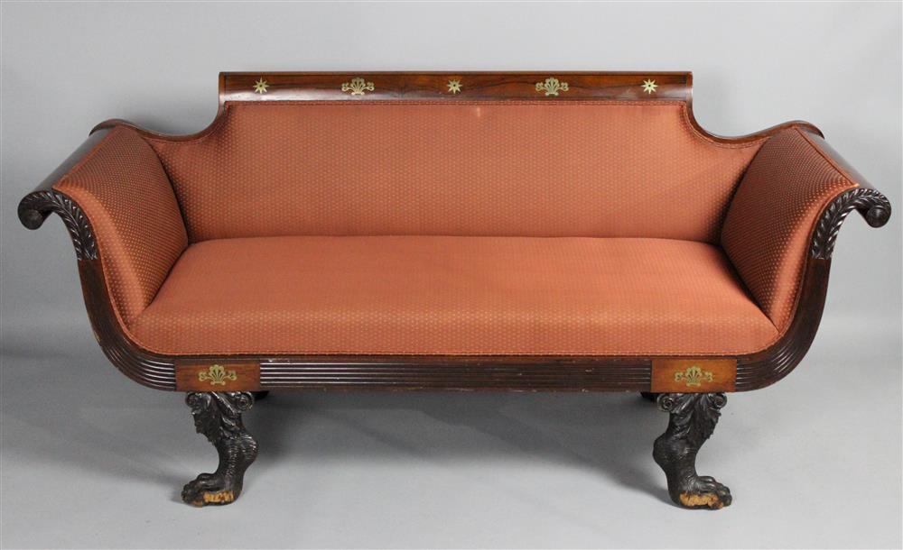 Appraisal: CLASSICAL ROSEWOOD AND CARVED MAHOGANY BRASS AND EBONY INLAID SOFA