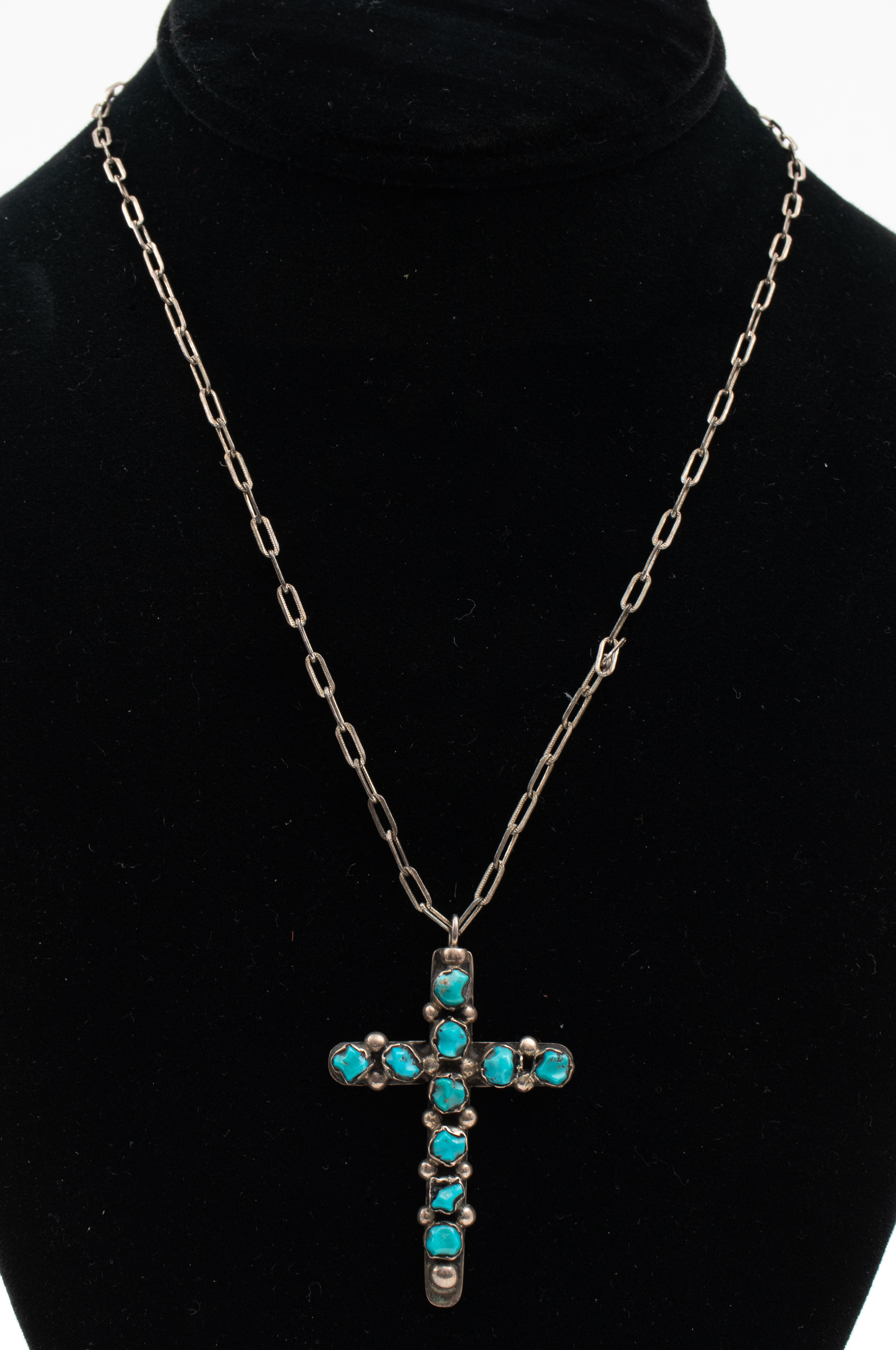 Appraisal: BRUTALIST SILVER TURQUOISE CROSS PENDANT NECKLACE Vintage Brutalist sterlings silver