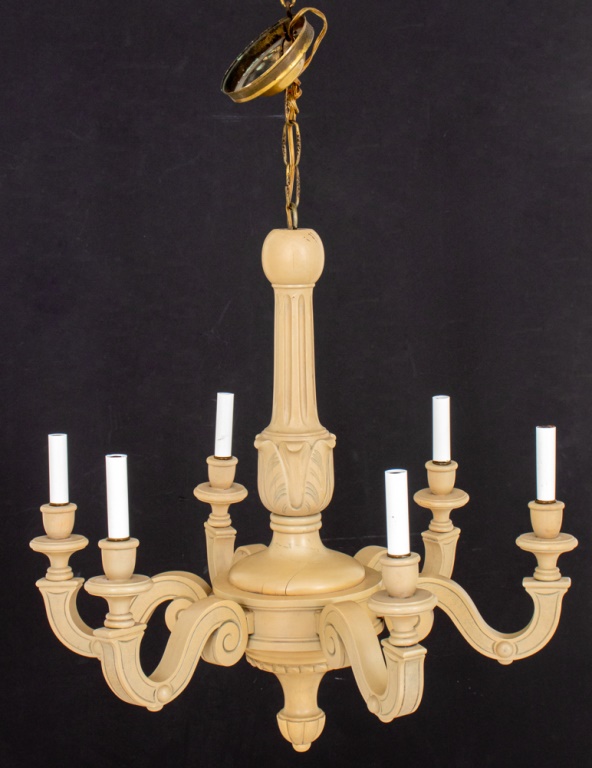 Appraisal: GREIGE-DECORATED WOODEN SIX LIGHT CHANDELIER Greige-decorated wooden six light chandelier