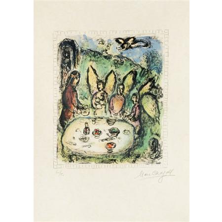 Appraisal: Marc Chagall ABRAHAM AND THE THREE ANGELS Color lithograph Estimate