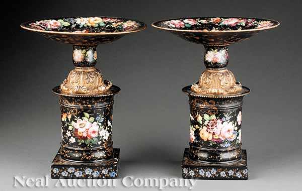 Appraisal: A Pair of Paris Gilt and Polychrome Porcelain Tazzas mid-