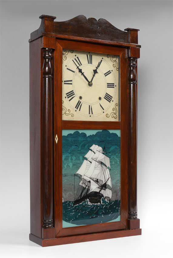 Appraisal: REVERSE PAINTED EMPIRE SHELF CLOCK Mahogany case door with reverse