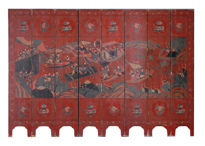 Appraisal: Chinese red-lacquered coromandel eight-panel screen Qing dynasty depicting Royal procession