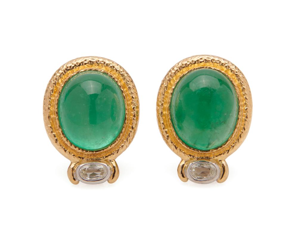 Appraisal: K Gold Emerald and Diamond Earrings each centering cabochon emeralds