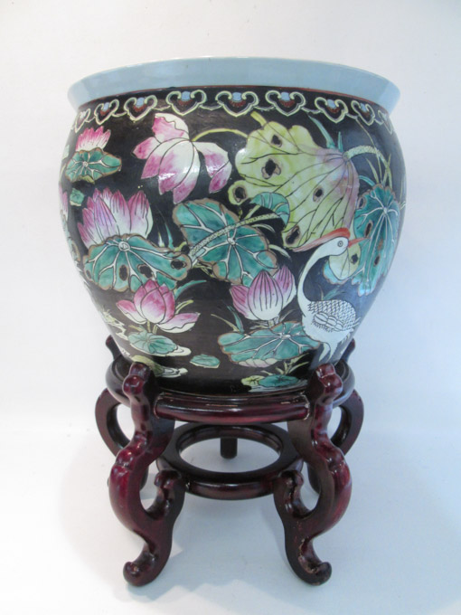 Appraisal: CHINESE FAMILLE NOIRE FISH BOWL with wood stand height inches