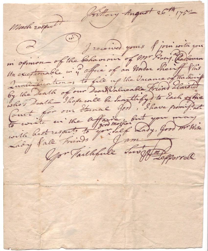 Appraisal: PEPPERRELL WILLIAM Autograph Letter Signed 'Wm Pepperrell ' to John