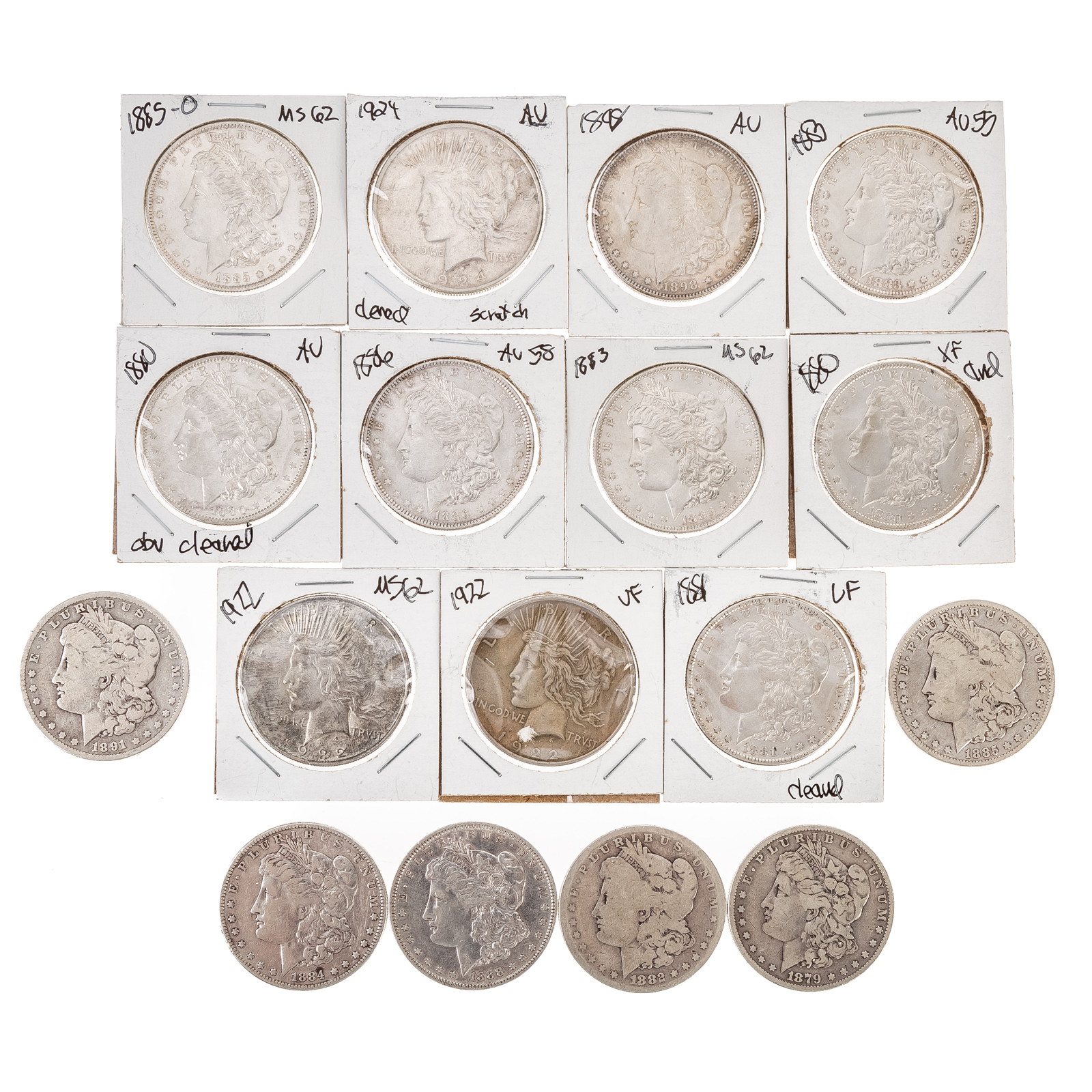 Appraisal: MORGAN PEACE DOLLARS VG F Cleaned two XF Cleaned and