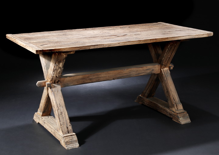 Appraisal: Provincial Distressed Hardwood Table banded ends raised on X -form