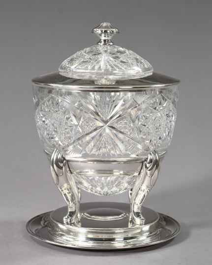 Appraisal: German Silver-Mounted Cut Glass Presentation Punch Pot-on-Stand of covered and