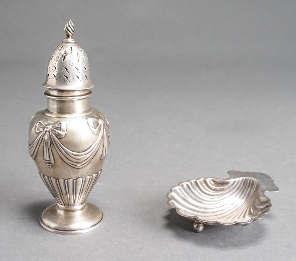 Appraisal: STERLING SILVER MUFFINEER PROBABLY WALKER HALL SHEFFIELD AND A SHELL-FORM