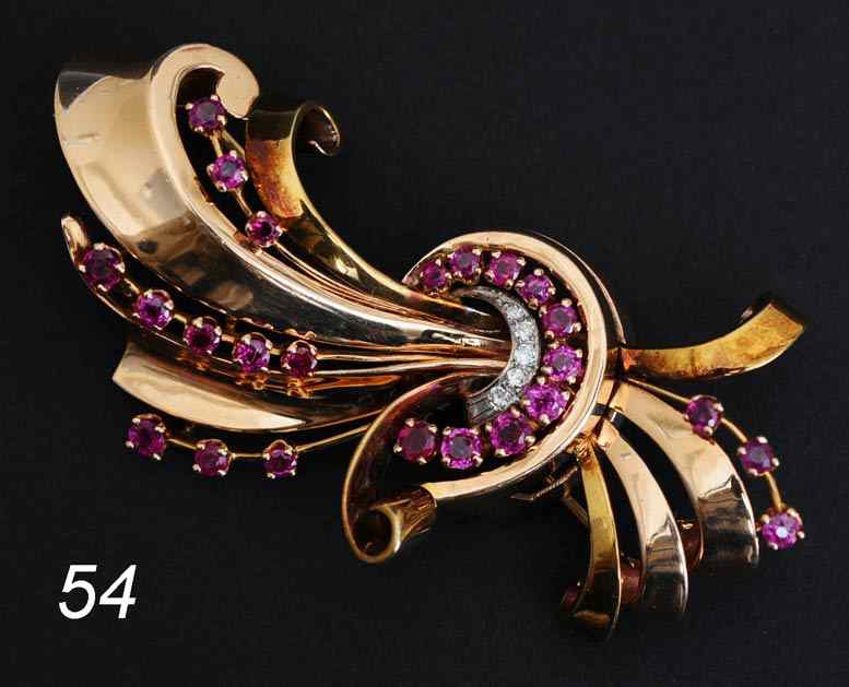 Appraisal: k Gold and Ruby Ribbon Brooch with diamonds '' wide