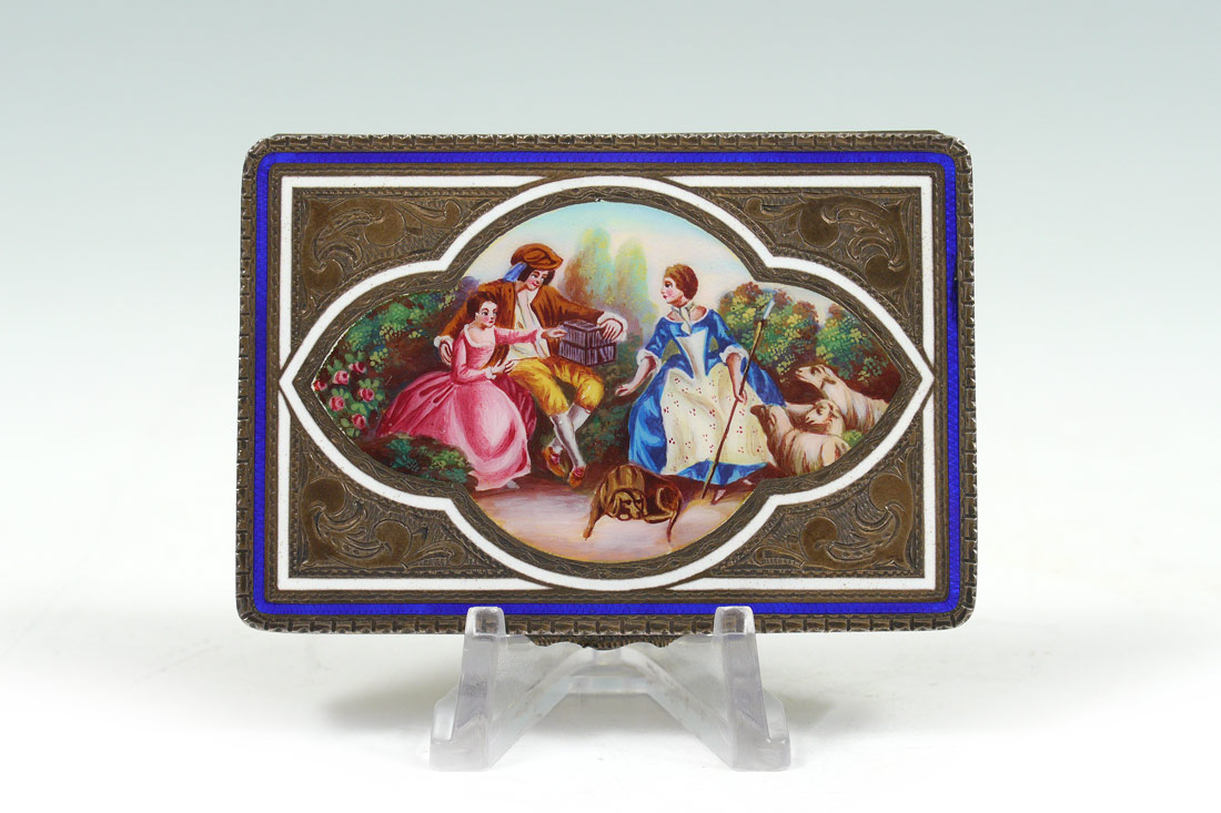 Appraisal: GERMAN VERMEIL ENAMEL SQUARE COMPACT Engraved case with blue guilloche