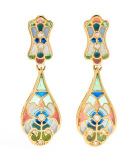 Appraisal: A Pair of Karat Yellow Gold Plique-a-Jour Enamel and Diamond